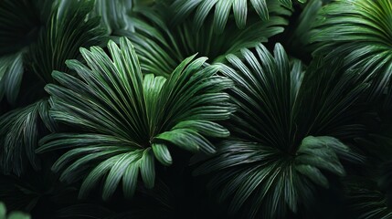 Fototapeta premium Lush green tropical palm leaves create a dense, natural background.