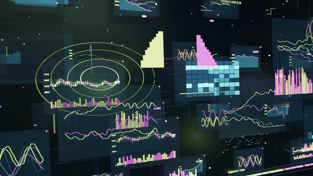 Animating data mosaic as frames advance filling navy display centering radar highlighting center