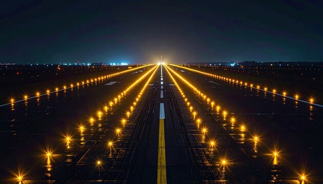 Illuminated airport runway at night with guiding lights leading to the distant horizon