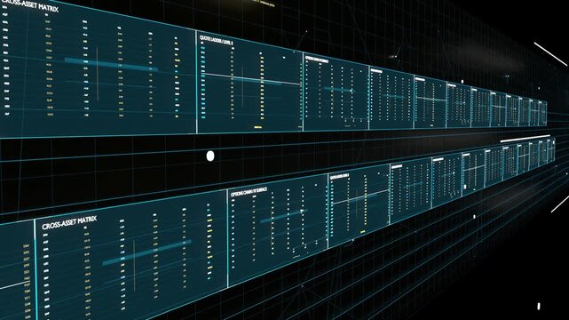 Panning virtual camera revealing two-tier teal data wall in corridor, exposing labels and markers