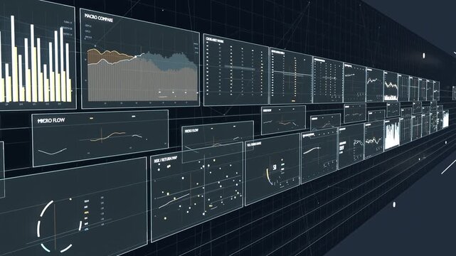 Sweeping camera moving right along data wall on playback, showcasing tiled panels and yellow bars