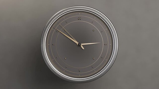 Pulling back camera revealing round analog wall clock on grey wall, hands moving to show time