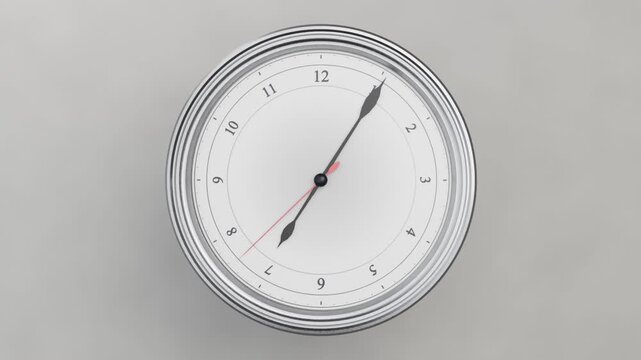 Zooming camera toward round clock on light gray wall, red second hand sweeping showing time passing