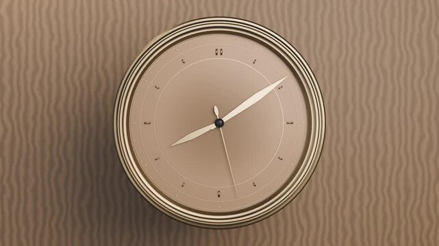Moving camera bringing round wall clock closer on wavy beige wall, hands rotating marking time