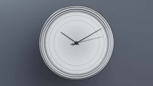 Zooming camera showing round analog wall clock centered on grey plane, with hands marking time