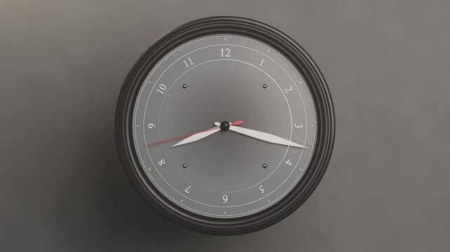 Zooming camera toward round gray wall clock, red seconds hand sweeping to indicate passing time
