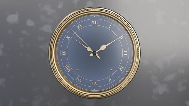 Brightening light revealing ornate clock on grey backdrop, gold hands sweeping, showing time