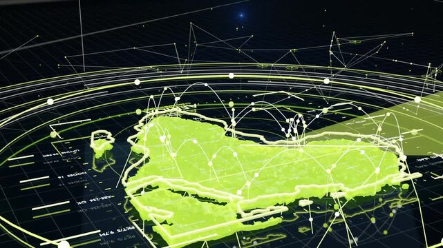 Revealing neon 3D map of Africa, camera orbiting over grid, scan beam lighting AFRICA label