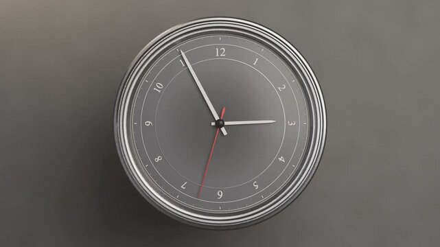 Lighting brightening, round analog clock on matte wall, red second hand sweeping, showing time