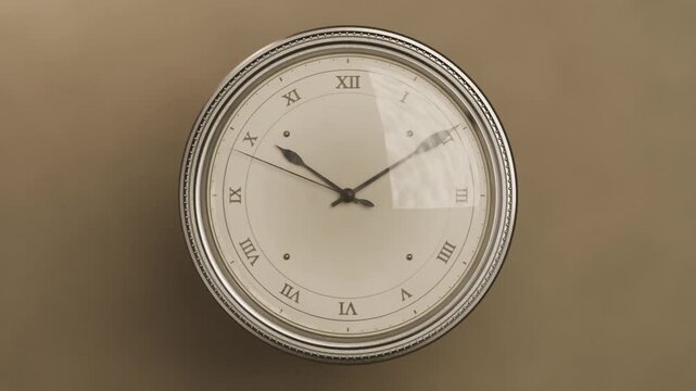 Camera pulling closer showing round Roman clock on beige wall hands rotating clockwise showing time
