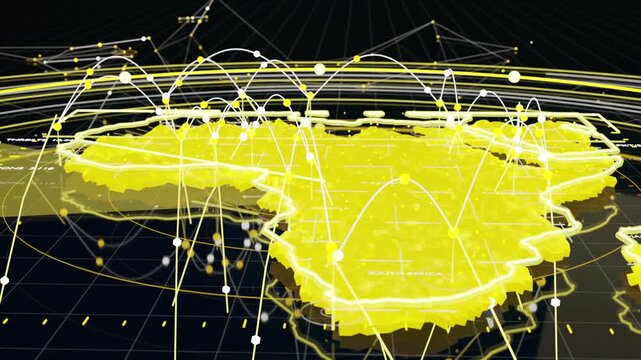 Tilting camera revealing neon-yellow 3D map of Africa on dark grid, rings and nodes pulsing