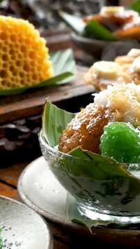 Traditional Indonesian Sweet Snacks Jajan Pasar Klepon and Bika Ambon