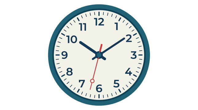 Analog clock face, vector clock illustration, blue border, white dial, time display isolated on White Background