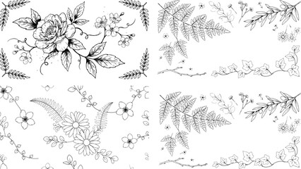 Fototapeta premium Detailed floral and botanical elements set including borders frames and sketches of ferns and flowers perfect for scrapbooking and elegant card creation.
