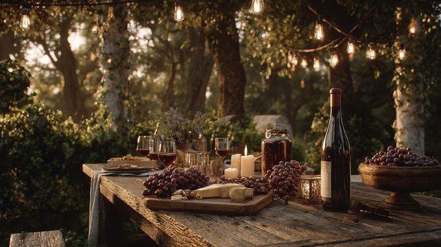 Romantic outdoor dinner setting with wine, cheese, and grapes illuminated by string lights.