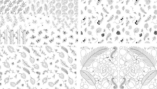 Set of hand drawn floral patterns with tropical monstera leaves hibiscus flowers and botanical elements perfect for textile design and nature background.