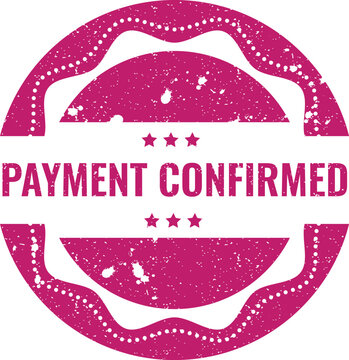 Pink circular rubber stamp design featuring the text payment confirmed for verifying secure financial transaction status