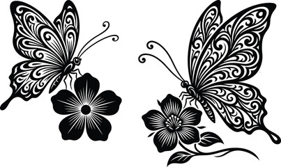 Butterflies And Flowers Silhouette Intricate Black And White Design © MDMAHABUBUR