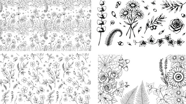 Detailed floral collection featuring roses daisies sunflowers lavender and vintage garden leaves for elegant wedding stationary and textile pattern art.
