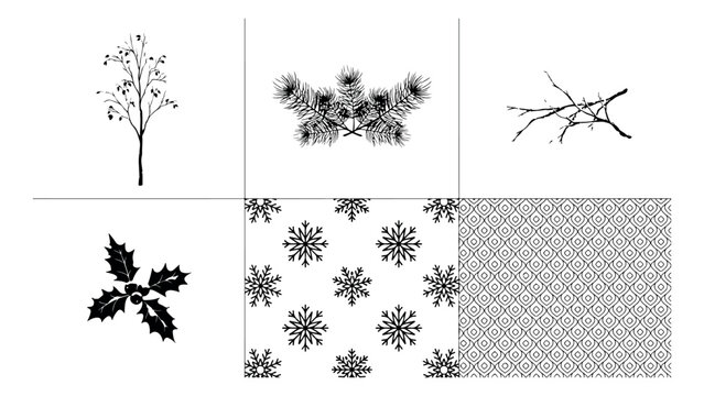Winter season graphic kit including bare tree pine branches holly sprigs snowflakes and abstract geometric pattern for modern christmas decoration set.