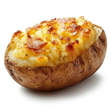 Single baked twice baked potato with melted cheese and herbs, vegetable