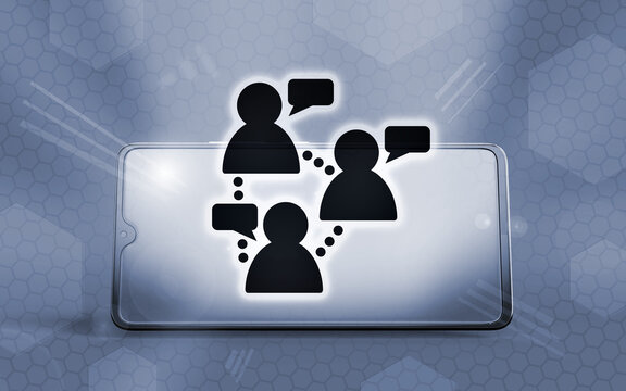 Smartphone 3D con iconos de personas conectadas y burbujas de chat, simbolizando comunicaci&oacute;n digital, redes sociales, interacci&oacute;n en l&iacute;nea, conectividad global y tecnolog&iacute;a de red m&oacute;vil.
