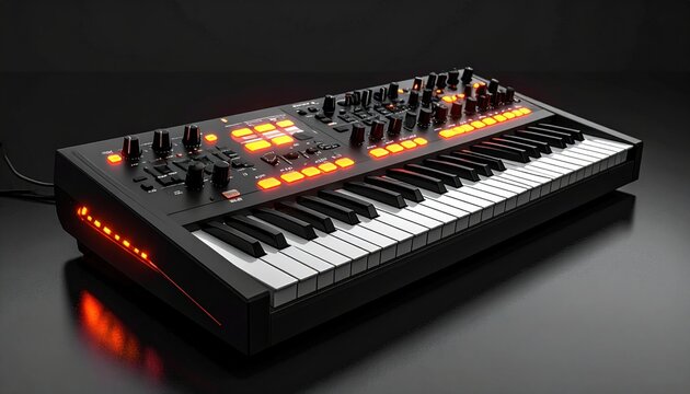 Modern black digital music synthesizer keyboard with glowing orange illuminated controls and keys