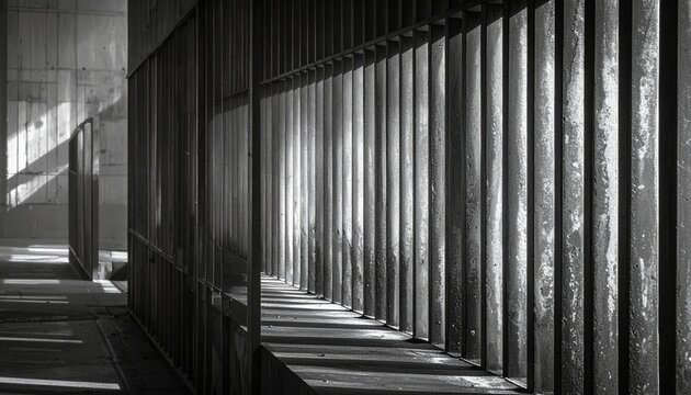 Monochrome abstract pattern of parallel bars casting dramatic shadows and light