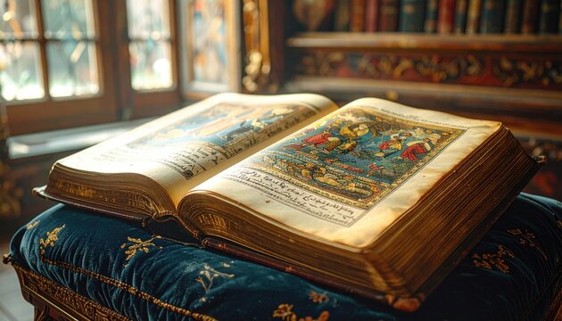 Detailed illumination of an ancient manuscript open to ornate pages, showcasing intricate artistry and historical text.