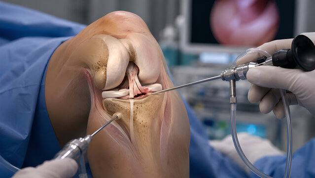 Knee PCL injury clinical procedure concept showing posterior tibial translation, photorealistic anatomical overlay during orthopedic assessment for medical education and clinic patient communication