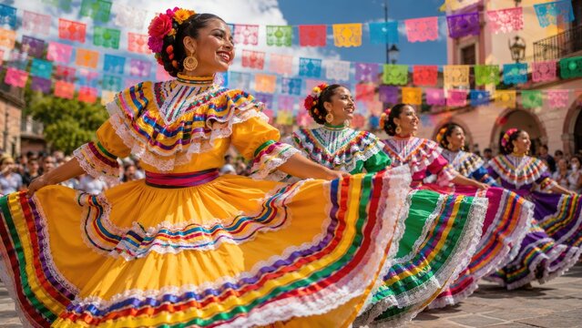 Mexican folkloric dancers in brightly colored traditional dresses twirling vibrant ruffled skirts during an outdoor cultural celebration