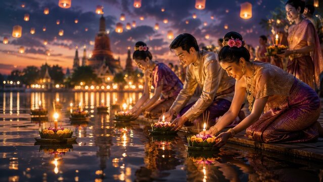 Thai people in traditional dress release krathong and sky lanterns on a river at dusk during the Loy Krathong festival