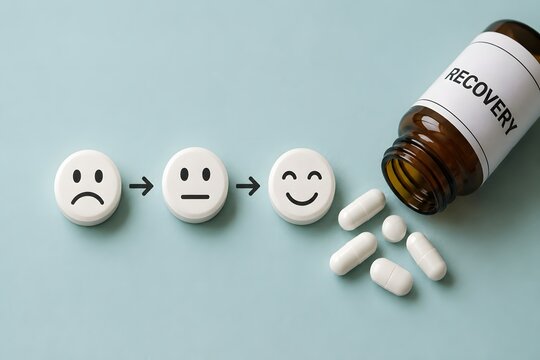 A sequence of emotion icons showing a transition from sad to happy, with a bottle of pills labeled Recovery for the concept of mental health and healing.