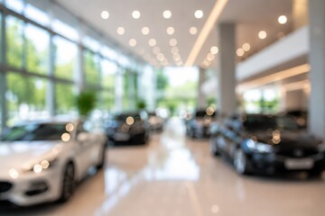 Obraz premium Modern car showroom interior blurred background luxury automotive dealership vehicles retail shop bright indoor display bokeh
