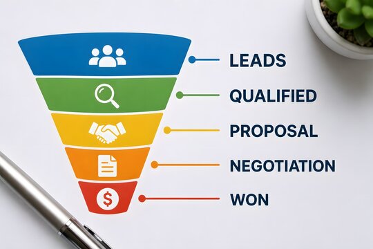 Sales funnel diagram illustrating lead generation and conversion process for the concept of business growth.