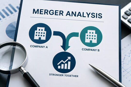 Merger analysis document on a table with a magnifying glass and pen, illustrating business consolidation and growth for the concept of corporate strategy.
