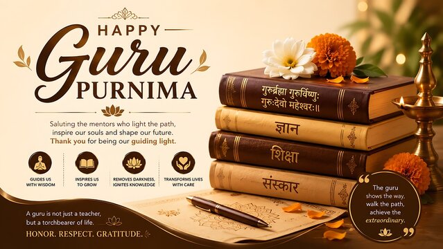 Guru Purnima Greeting Poster with Sacred Books and Traditional Lamp