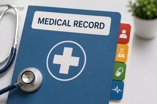 A blue binder labeled MEDICAL RECORD with a stethoscope and tabs for patient information, medical data, and prescriptions, symbolizing healthcare and patient care.