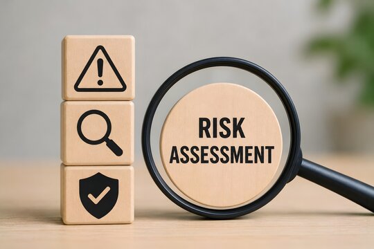 Risk assessment represented by wooden blocks with icons and a magnifying glass.