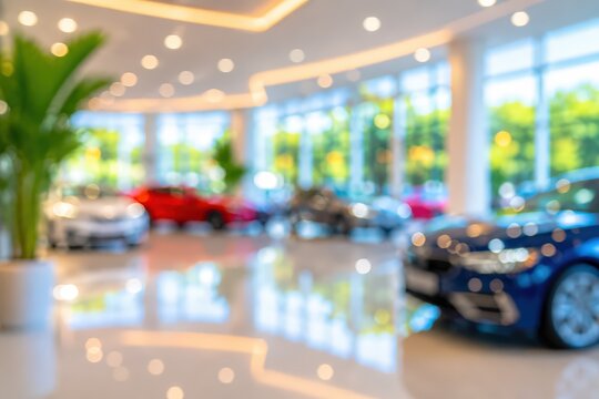 Blurred car showroom dealership interior luxury vehicle transport auto business retail exhibition hall modern automobile bokeh background