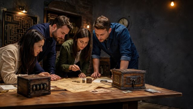 Four adults intensely solving an escape room-style puzzle around a wooden table with map, dice and antique lockboxes under moody lighting