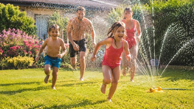 Family of parents and two children running happily through a backyard lawn sprinkler on a sunny summer day, playing and splashing in water
