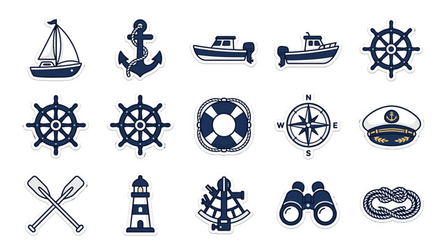 Nautical icons depict various sailing and ship elements on a white background with gh reference.
