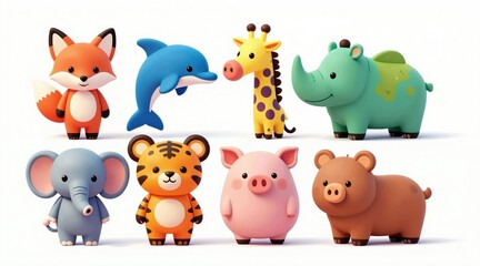 Fototapeta premium Cute cartoon animal figurines arranged together. Includes fox, dolphin, giraffe, rhino, elephant, tiger, pig, bear. Isolated on white background.