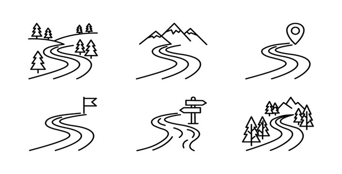 winding road icon set, line path map route with mountain and forest vector