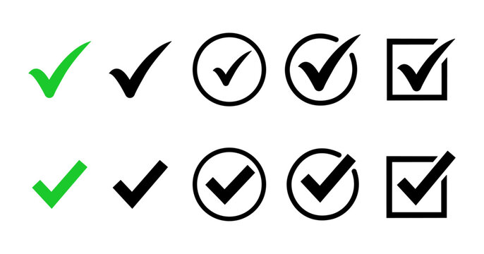 check mark icon set, green and black tick yes symbols vector