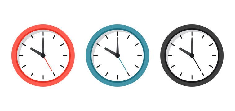 wall clock icon set, round analog timepiece symbols flat vector
