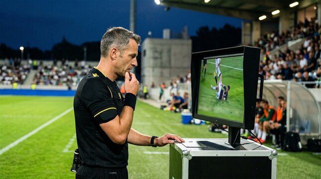 Football referee reviews VAR decision on pitchside monitor
