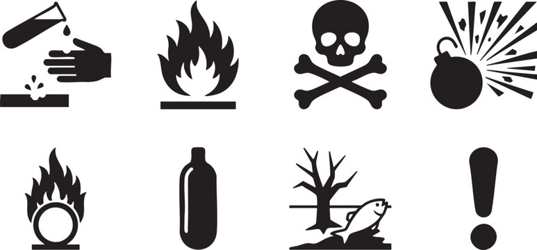 A collection of hazardous material warning symbols and icons for safety and caution