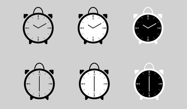 Clock icon set with analog clocks, alarm clocks, timer symbols, and multiple time variations in black, white, and gray styles arranged as a collection of timekeeping icons.